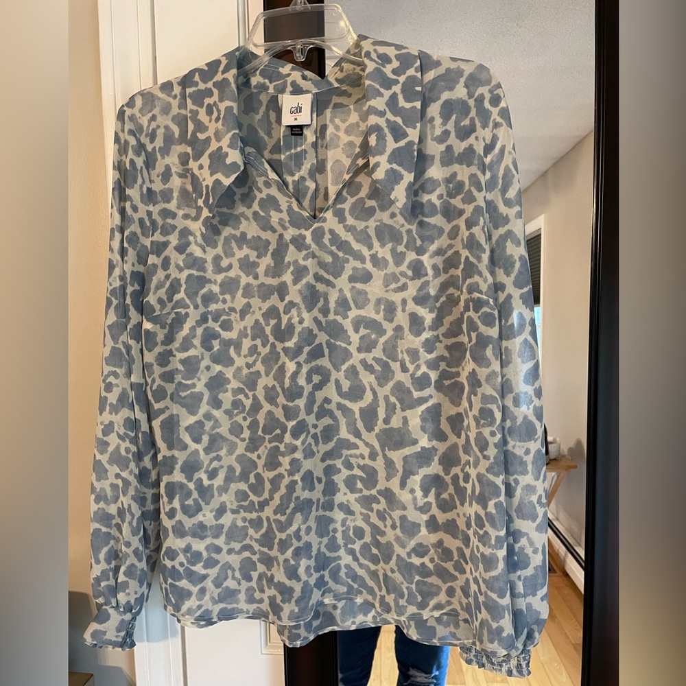 New Cabi M 6297 Pounce Blouse Sheer Blue Spot On Long Sleeve